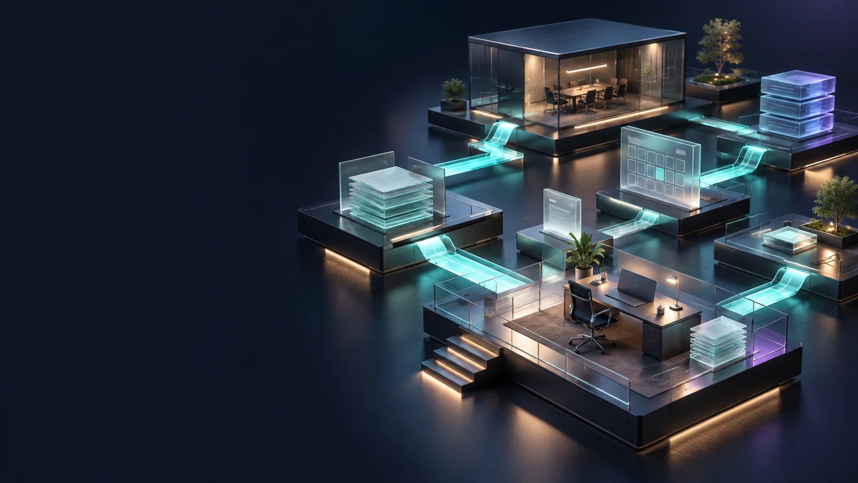 An architectural illustration of connected business workspaces and information